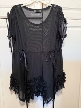 Foxblood - Mesh Black Sheer Lace-Trim Babydoll Dress